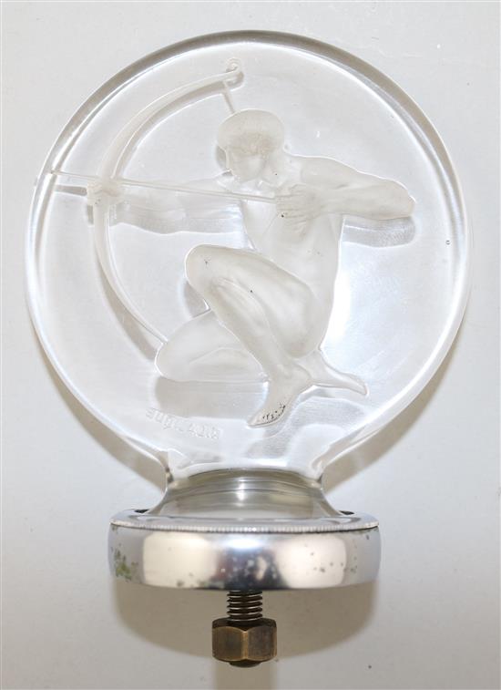A René Lalique Archer pattern glass car mascot, overall height 12.5cm, diameter 10.3cm